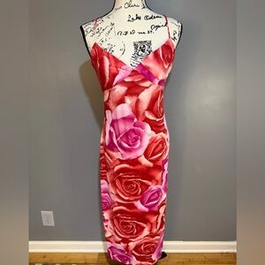Laundry By Shelli Segal Red & Pink Rose Slip Midi Dress
